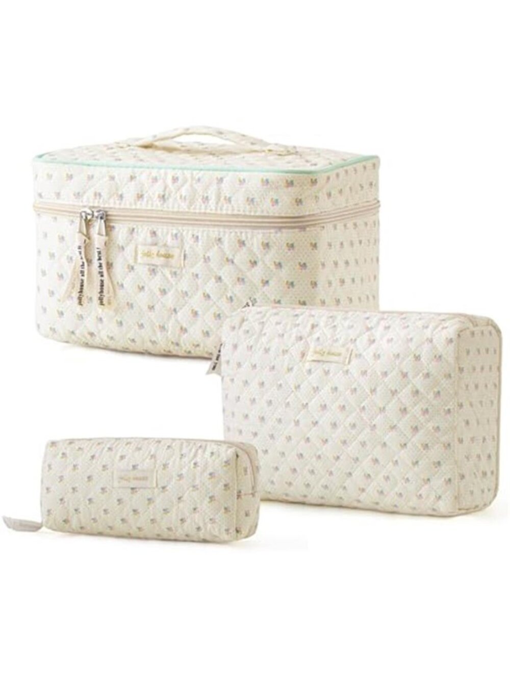 Quilted Makeup Bag 3Pcs Cotton Large Travel Makeup Bags Organizer